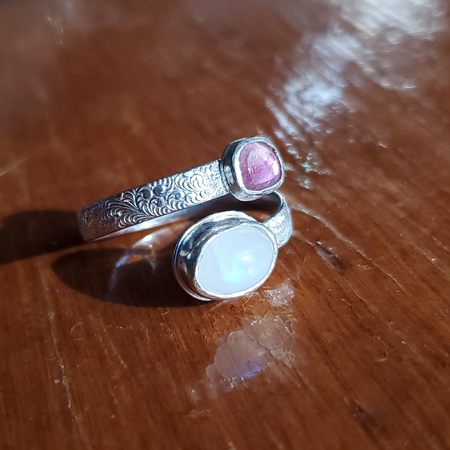 Moonstone & Pink tourmaline Bypass Ring